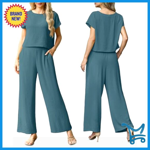 Summer Lounge Set Cap Sleeve Crop Top Wide Leg Pants Matching Outfit - Picture 4 of 7